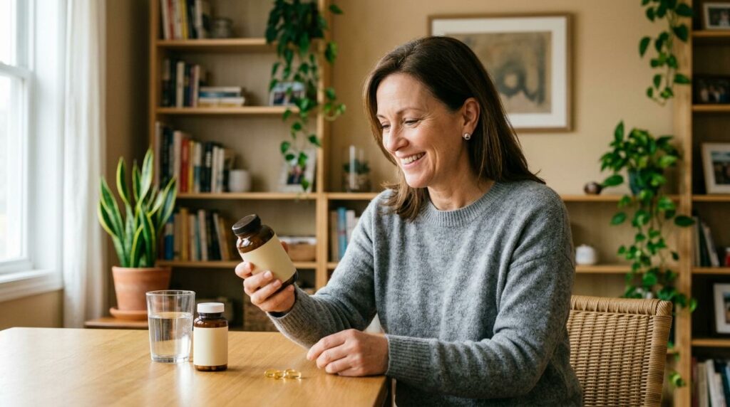Eye health supplements for dry eye relief, including omega-3 capsules, arranged on a clean surface.