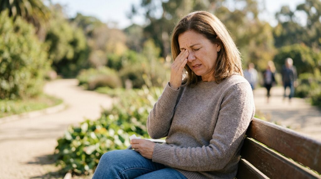A person rubs their dry and irritated eye while sitting outside on a bench