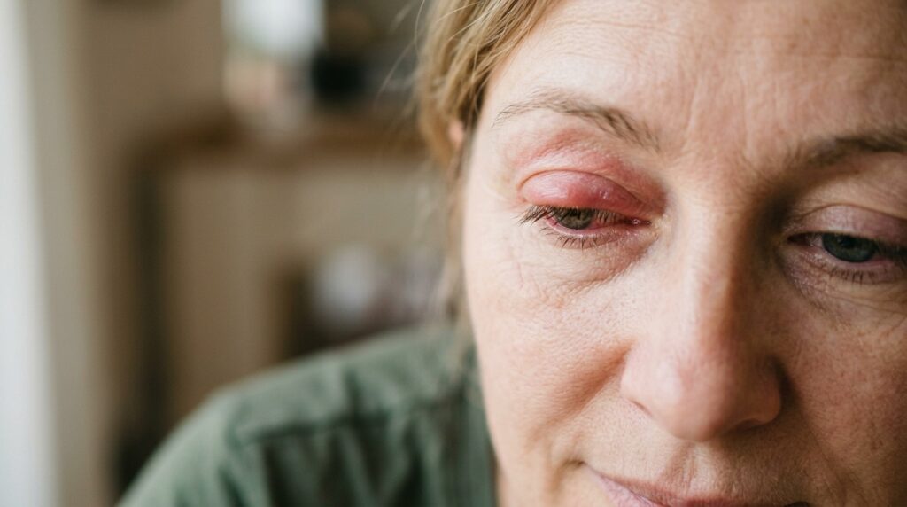 A person with a red and inflamed eyelid