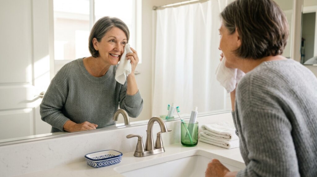 A person looking in the mirror as they put a washcloth up to their eye