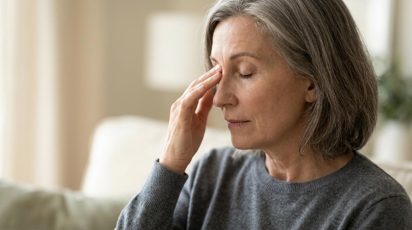 Person rubbing their dry, irritated eye against a neutral background.