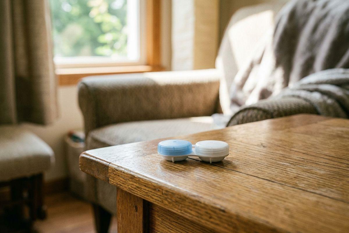 Contact lens case with blue and white caps on a wooden table, sofa and window in the background.