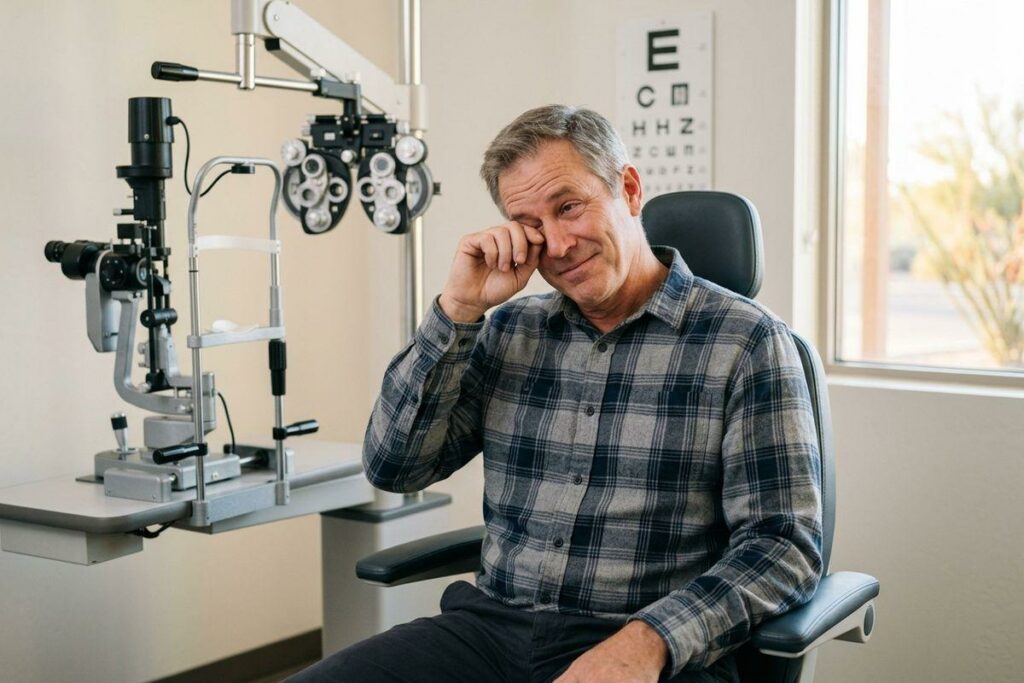 Person rubbing one eye while seated in an optometrist's exam chair beside testing equipment and an eye chart.