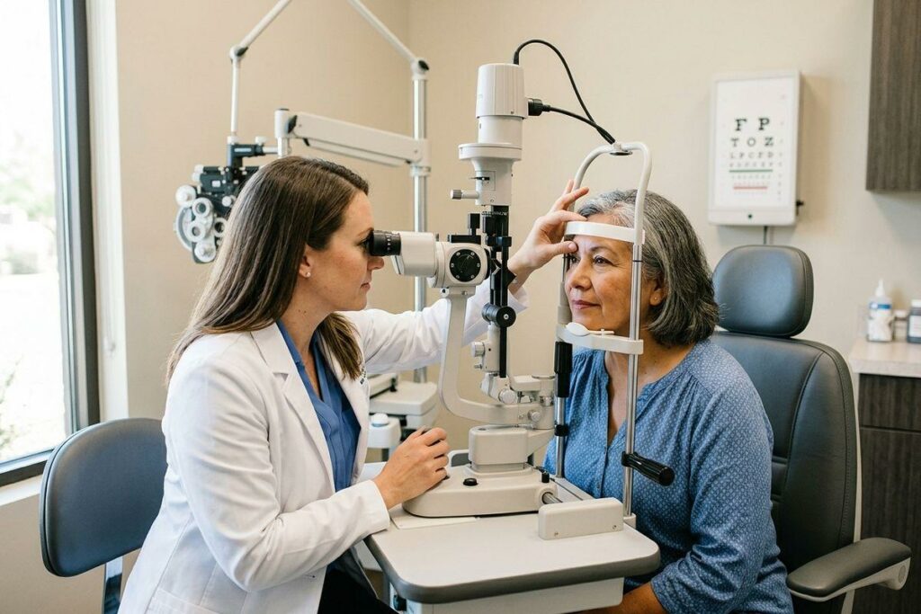 Optometrist examines a patient's eyes using a slit lamp, with an eye chart on the wall in the exam room.