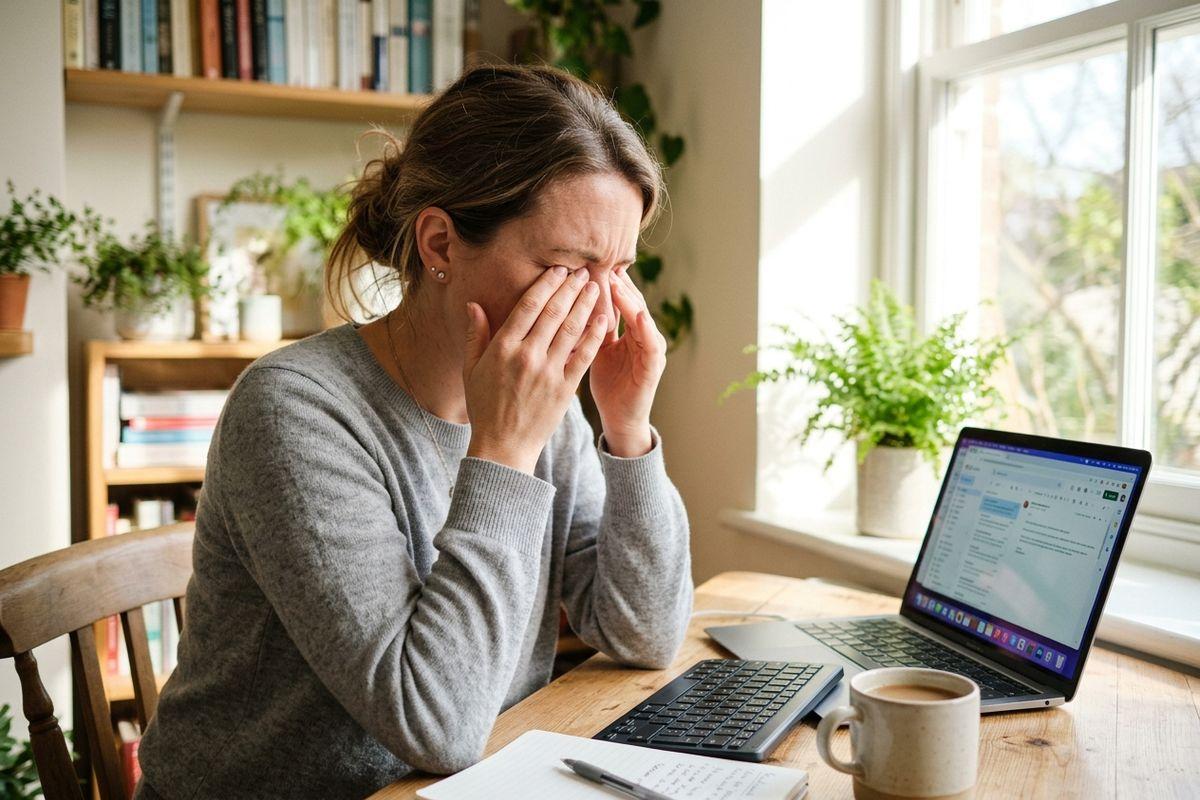 Person rubbing eyes at a desk with laptop, keyboard, notebook and coffee, by a sunlit window with plants.