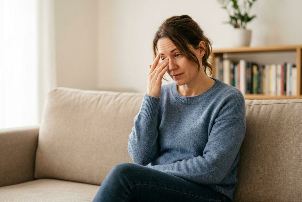 Person in blue sweater sits on a beige sofa, hand to forehead, looking distressed, with a bookshelf behind.