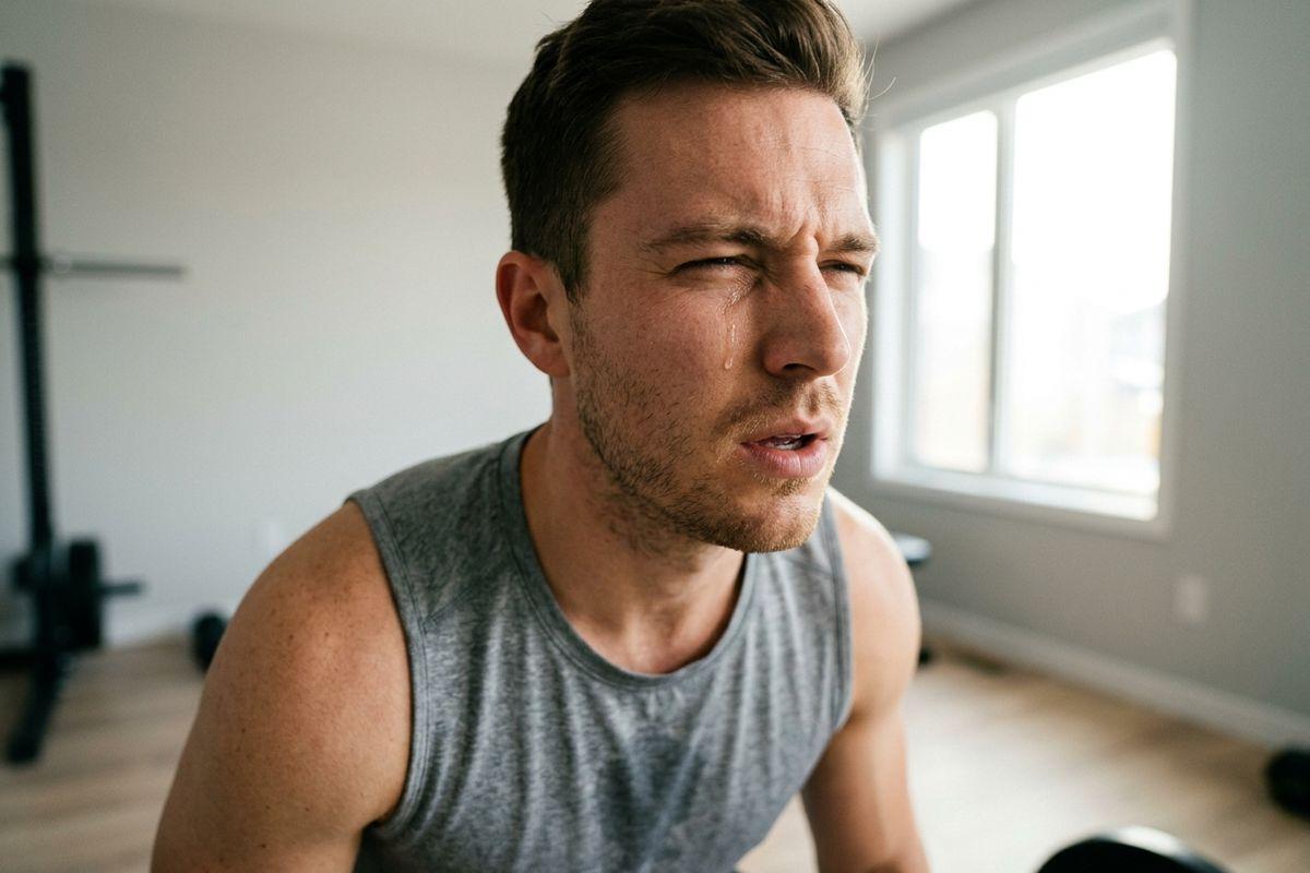 Sweating person in a gray tank top with a focused expression in a home gym